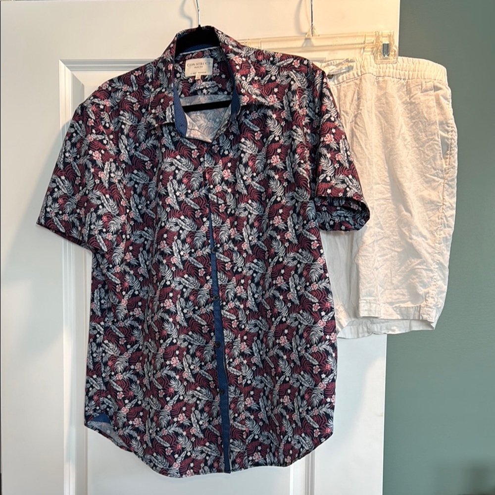 Short-Sleeve Floral Button-Up Shirt - Burgundy & H&M White Linen Shorts Bundle